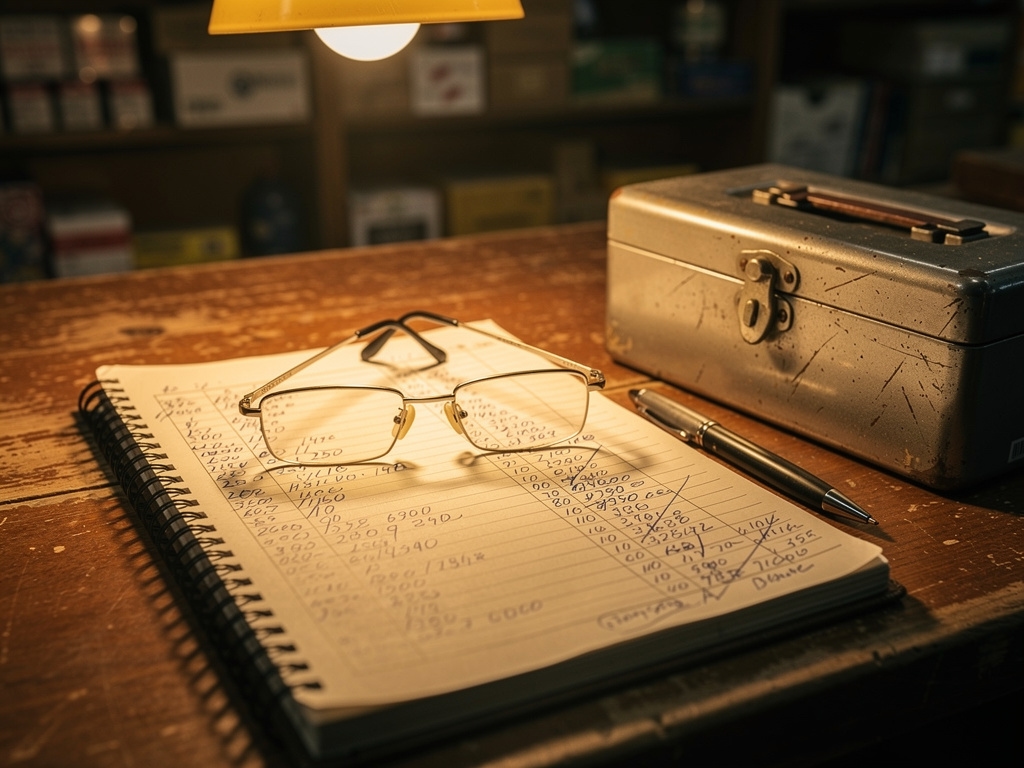 Cuaderno de pedidos en mostrador de tienda familiar con notas manuscritas