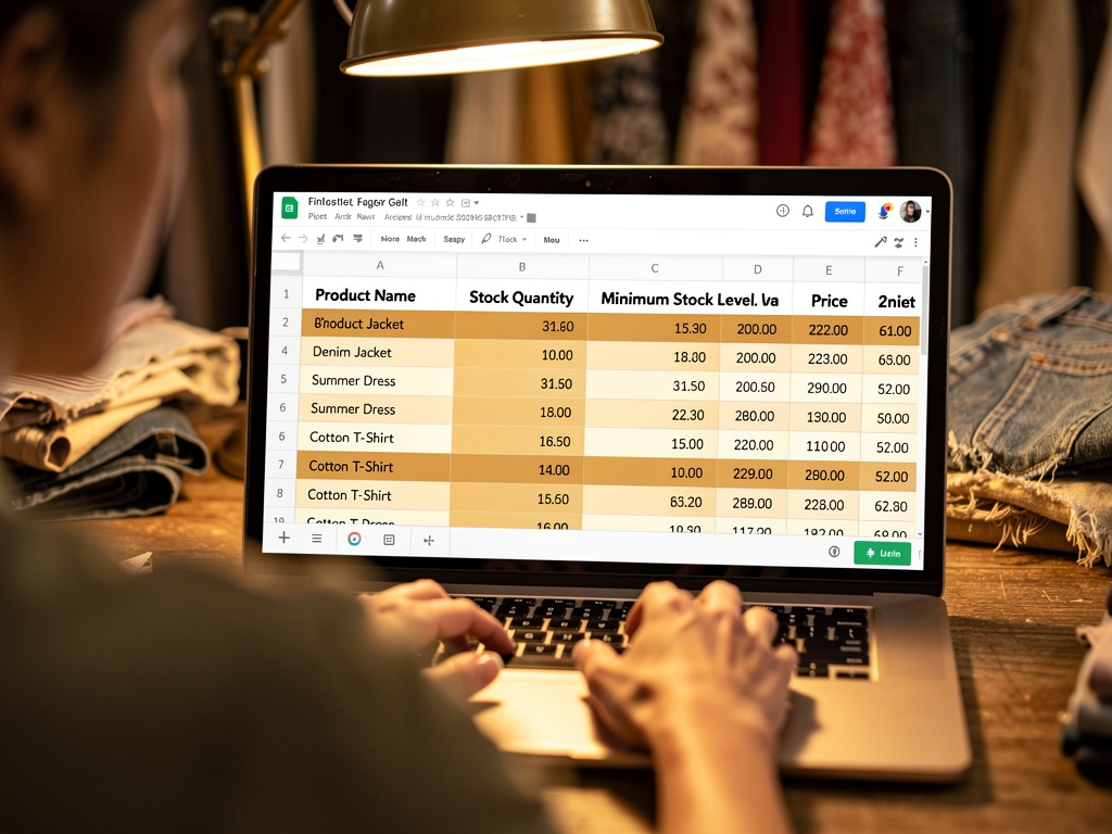 Pantalla de Google Sheets con una hoja de inventario de tienda configurada paso a paso