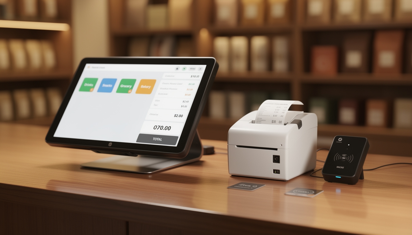 Terminal de punto de venta moderno sobre mostrador de tienda con pantalla táctil encendida