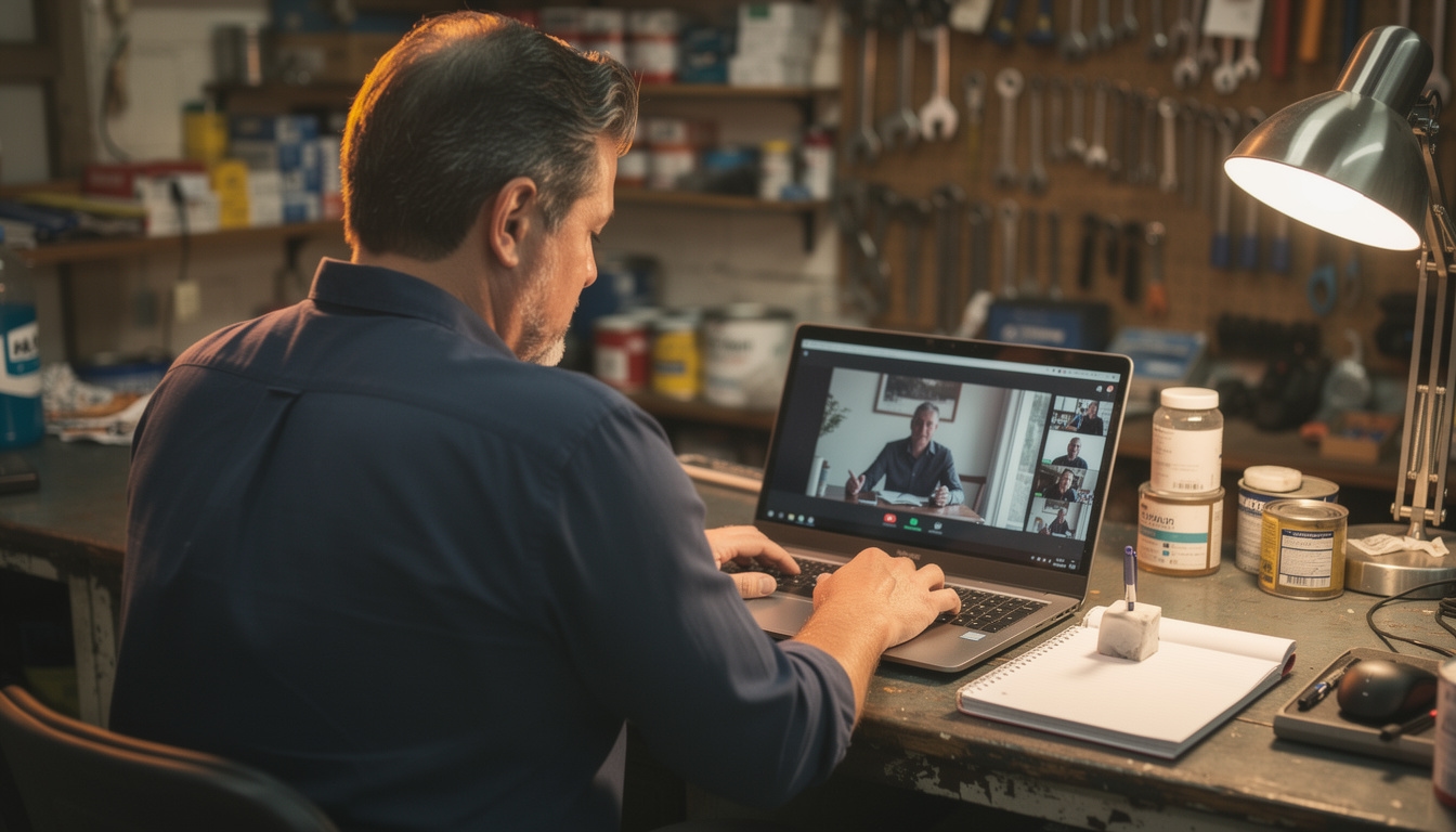 Persona siguiendo un webinar de digitalización en un portátil desde su tienda